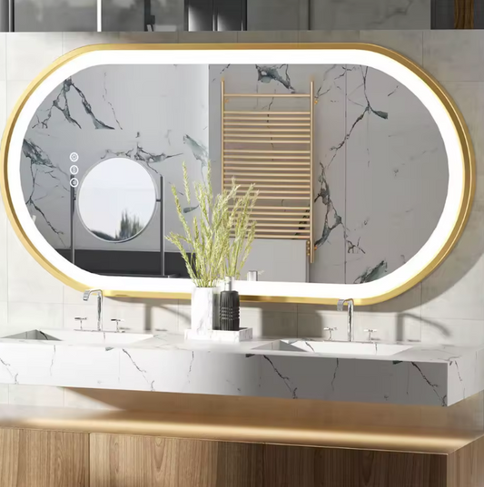 Ovale LED Badkamerspiegel – Gouden Frame, Anticondens & Dimbaar