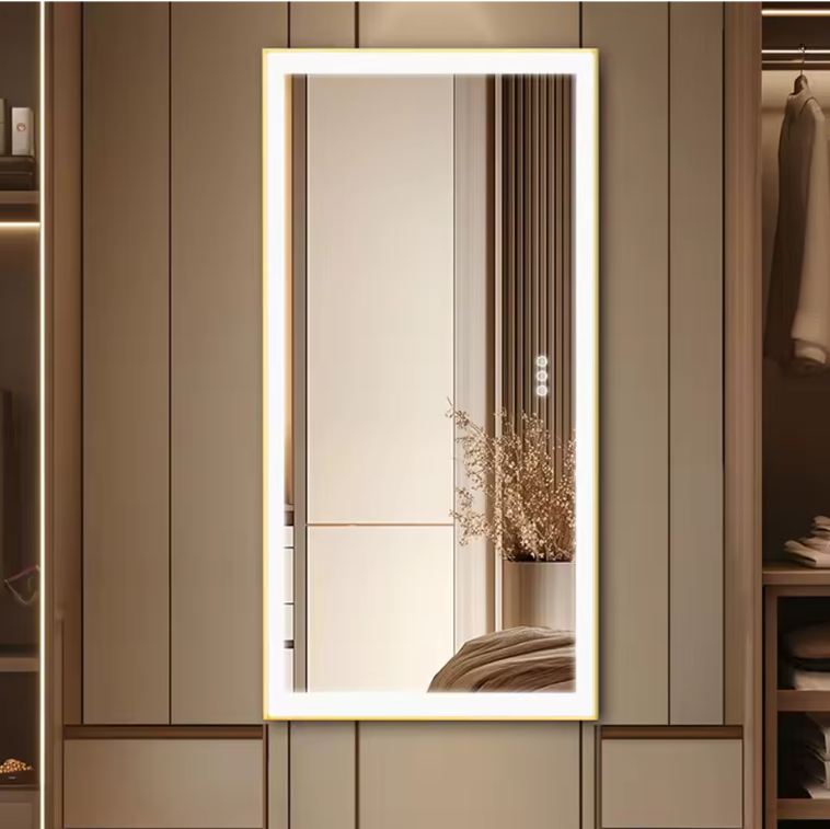 Grote Rechthoekige LED Badkamerspiegel – Goud Frame, Dimbaar & Anticondens
