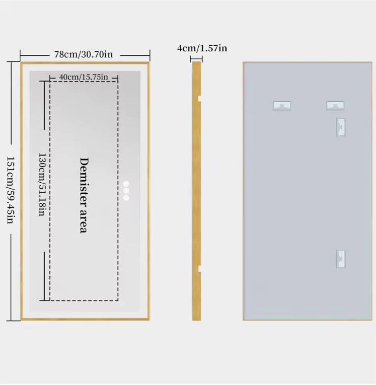 Grote Rechthoekige LED Badkamerspiegel – Goud Frame, Dimbaar & Anticondens