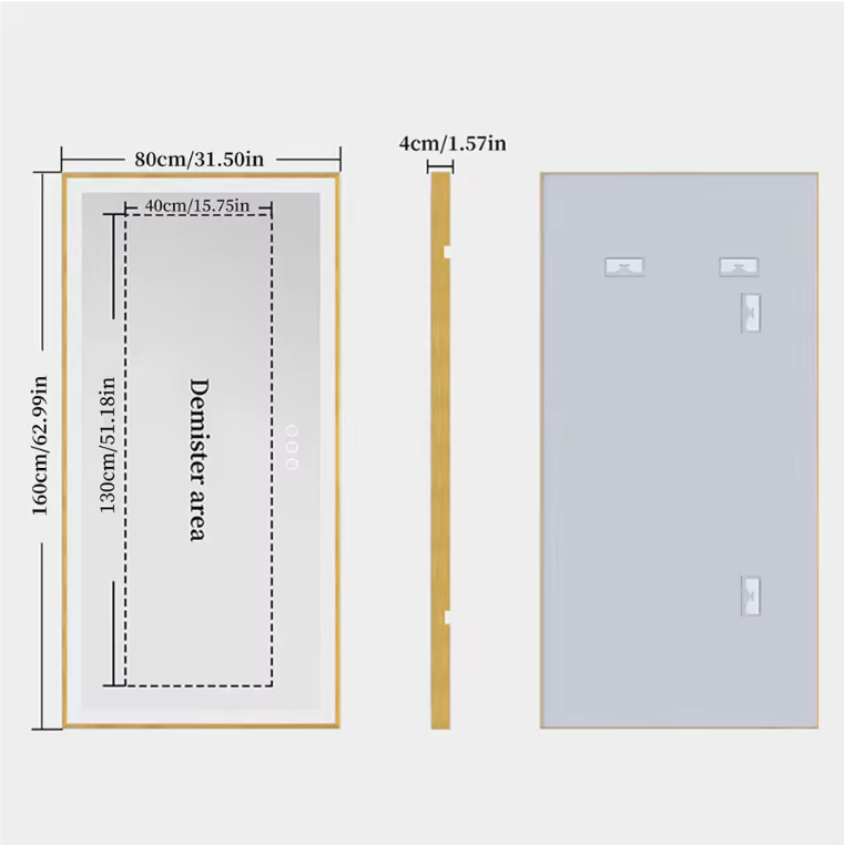 Grote Rechthoekige LED Badkamerspiegel – Goud Frame, Dimbaar & Anticondens