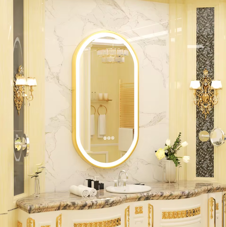 Ovale LED Badkamerspiegel – Goud Frame, Dimbaar & Anticondens