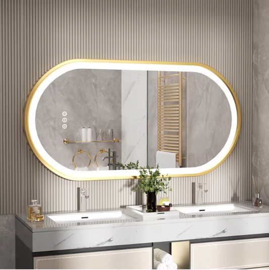 Ovale LED Badkamerspiegel – Goud Frame, Dimbaar & Anticondens