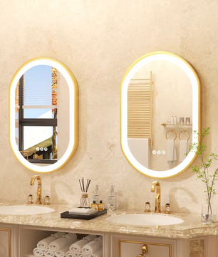 Ovale LED Badkamerspiegel – Goud Frame, Dimbaar & Anticondens