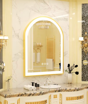 Boogvormige LED Badkamerspiegel – Goud Frame, Dimbaar & Anticondens
