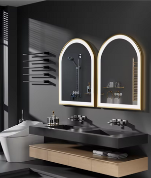 Boogvormige LED Badkamerspiegel – Goud Frame, Dimbaar & Anticondens