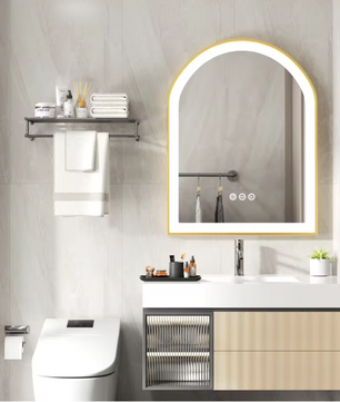 Boogvormige LED Badkamerspiegel – Goud Frame, Dimbaar & Anticondens