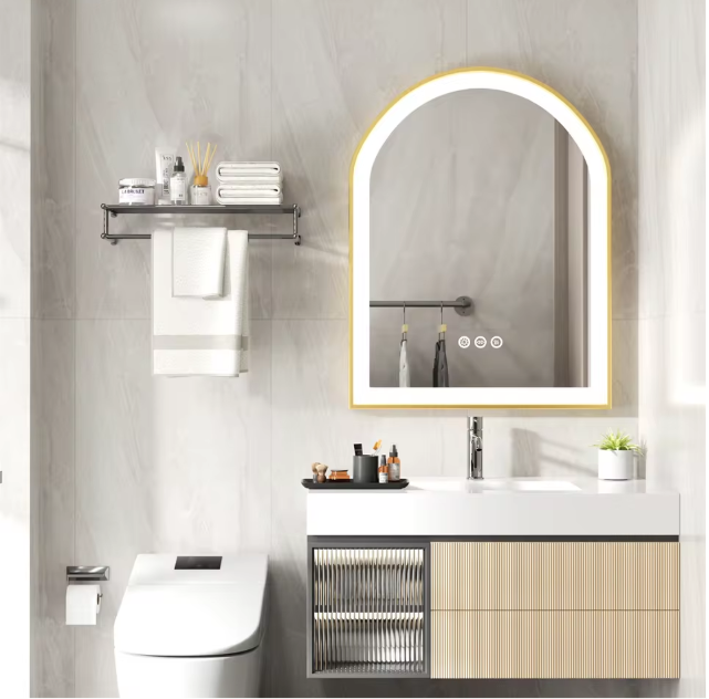 Boogvormige LED Badkamerspiegel – Goud Frame, Dimbaar & Anticondens