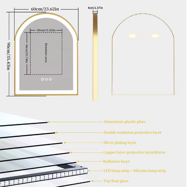 Boogvormige LED Badkamerspiegel – Goud Frame, Dimbaar & Anticondens