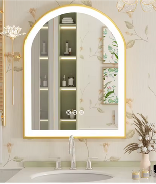 Boogvormige LED Badkamerspiegel – Goud Frame, Dimbaar & Anticondens