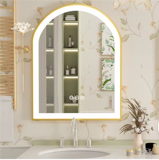 Boogvormige LED Badkamerspiegel – Goud Frame, Dimbaar & Anticondens