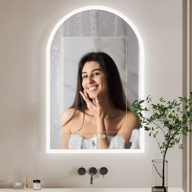 Slimme LED Badkamerspiegel – Gebogen Design, Dimbaar & Anticondens