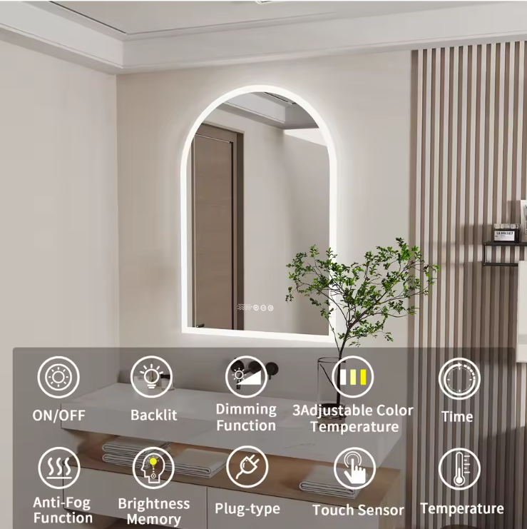Slimme LED Badkamerspiegel – Gebogen Design, Dimbaar & Anticondens