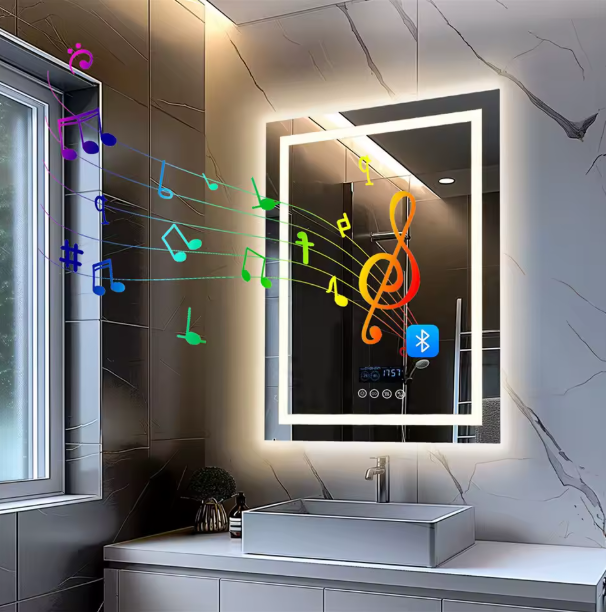 Slimme Rechthoekige LED Badkamerspiegel – Bluetooth, Tijd & Temperatuur Weergave, Anticondens & Dimbaar