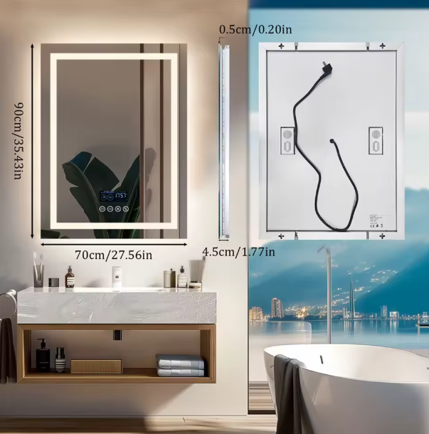 Slimme Rechthoekige LED Badkamerspiegel – Bluetooth, Tijd & Temperatuur Weergave, Anticondens & Dimbaar