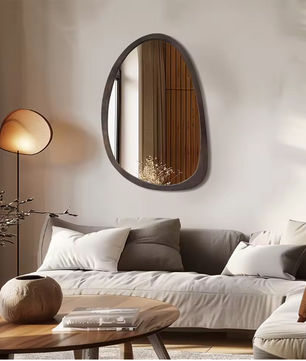 Moderne Asymmetrische Wandspiegel – Zwart Walnoothouten Frame, Stijlvol & Decoratief