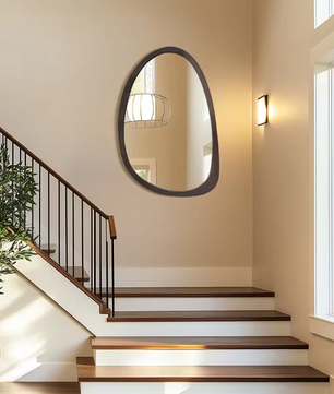 Moderne Asymmetrische Wandspiegel – Zwart Walnoothouten Frame, Stijlvol & Decoratief