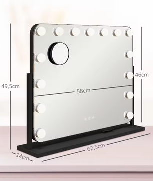 Hollywood LED Make-upspiegel – Zwart, 58x46 cm met 14 Lampen