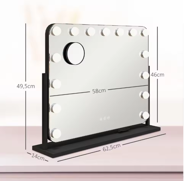 Hollywood LED Make-upspiegel – Zwart, 58x46 cm met 14 Lampen