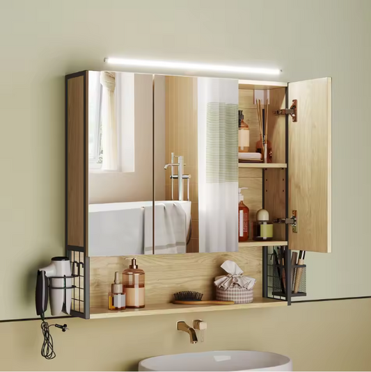 Badkamer Spiegelkast met LED-Verlichting – Hout & Metaal, 70×70 cm