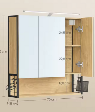 Badkamer Spiegelkast met LED-Verlichting – Hout & Metaal, 70×70 cm