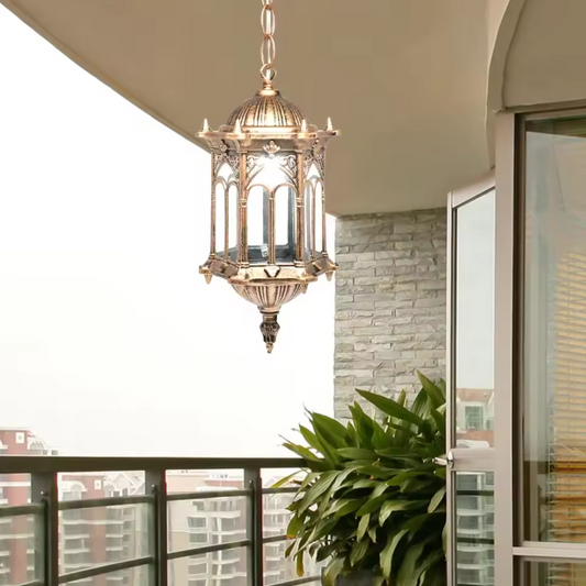 Waterdichte Retro Hanglamp – Bronskleurig Aluminium & Glazen Kap, Voor Binnen en Buiten