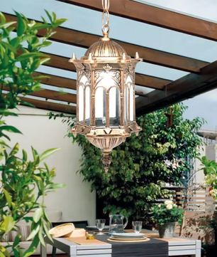 Waterdichte Retro Hanglamp – Bronskleurig Aluminium & Glazen Kap, Voor Binnen en Buiten