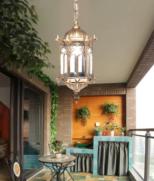 Waterdichte Retro Hanglamp – Bronskleurig Aluminium & Glazen Kap, Voor Binnen en Buiten