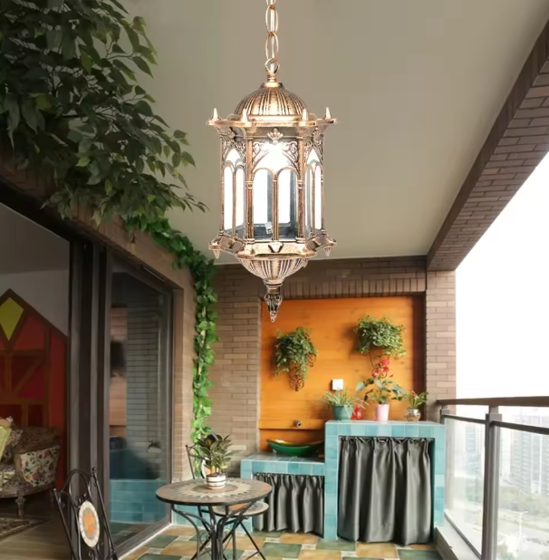 Waterdichte Retro Hanglamp – Bronskleurig Aluminium & Glazen Kap, Voor Binnen en Buiten