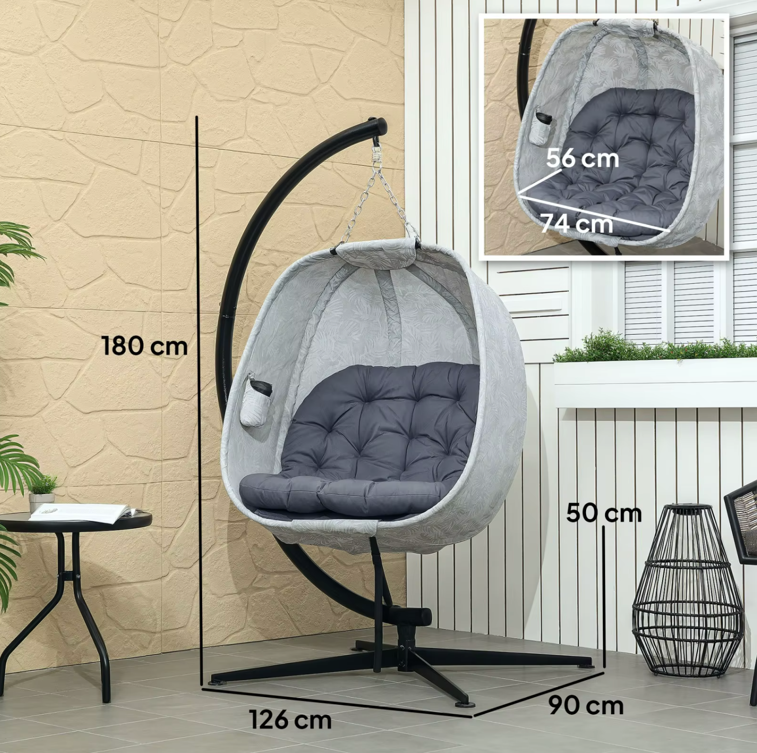 Opvouwbare Eivormige Hangstoel – Outdoor Schommelstoel met Frame & Kussens, Wit