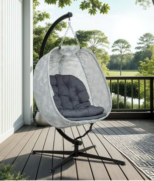 Opvouwbare Eivormige Hangstoel – Outdoor Schommelstoel met Frame & Kussens, Wit