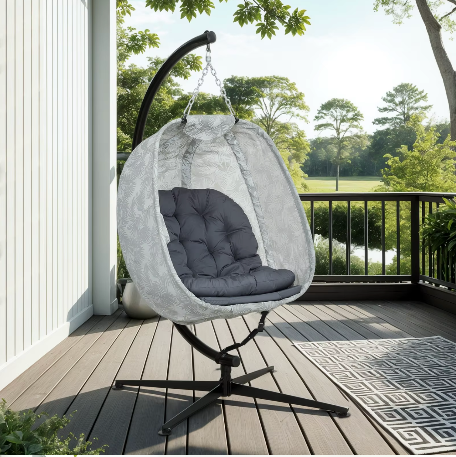 Opvouwbare Eivormige Hangstoel – Outdoor Schommelstoel met Frame & Kussens, Wit