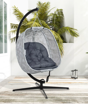 Opvouwbare Eivormige Hangstoel – Outdoor Schommelstoel met Frame & Kussens, Wit