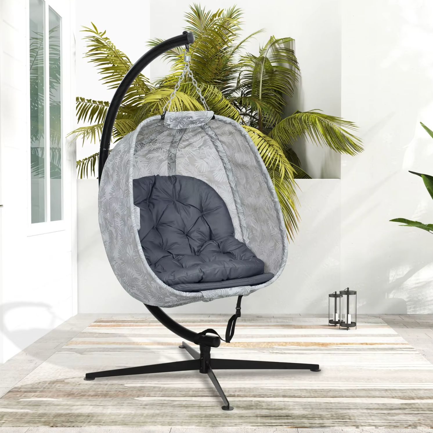 Opvouwbare Eivormige Hangstoel – Outdoor Schommelstoel met Frame & Kussens, Wit