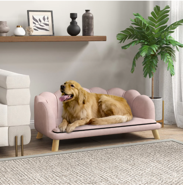 Hondenbank met Rugleuning – Fluweelzachte Stoffen Hoes & Houten Poten, Roze