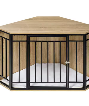 Hoek Hondenbench met Bijzettafel – 111×67×60 cm, Hout & Metaal, Inclusief Kussen