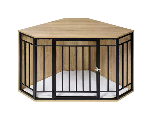 Hoek Hondenbench met Bijzettafel – 111×67×60 cm, Hout & Metaal, Inclusief Kussen