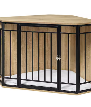 Hoek Hondenbench met Bijzettafel – 111×67×60 cm, Hout & Metaal, Inclusief Kussen