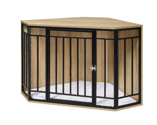 Hoek Hondenbench met Bijzettafel – 111×67×60 cm, Hout & Metaal, Inclusief Kussen