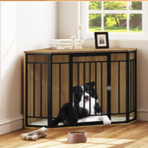 Hoek Hondenbench met Bijzettafel – 111×67×60 cm, Hout & Metaal, Inclusief Kussen