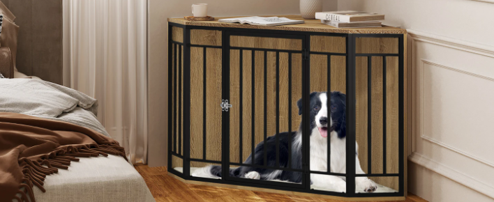 Hoek Hondenbench met Bijzettafel – 111×67×60 cm, Hout & Metaal, Inclusief Kussen