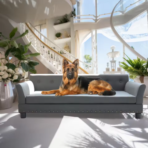 Luxe Hondenbank – Verhoogd Huisdierbed met Microfiber Leer & Houten Poten