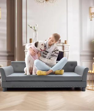 Luxe Hondenbank – Verhoogd Huisdierbed met Microfiber Leer & Houten Poten