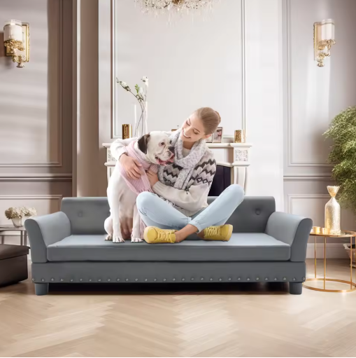 Luxe Hondenbank – Verhoogd Huisdierbed met Microfiber Leer & Houten Poten