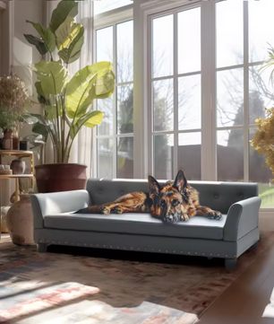 Luxe Hondenbank – Verhoogd Huisdierbed met Microfiber Leer & Houten Poten