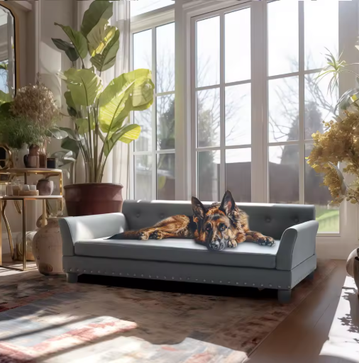 Luxe Hondenbank – Verhoogd Huisdierbed met Microfiber Leer & Houten Poten