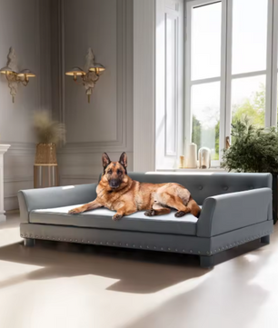 Luxe Hondenbank – Verhoogd Huisdierbed met Microfiber Leer & Houten Poten