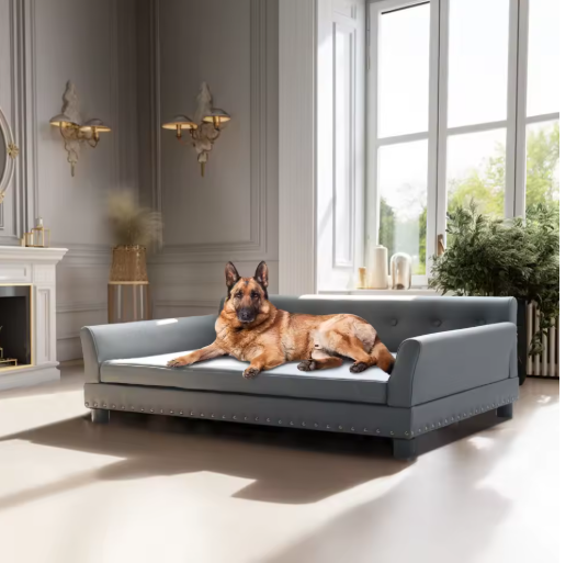 Luxe Hondenbank – Verhoogd Huisdierbed met Microfiber Leer & Houten Poten