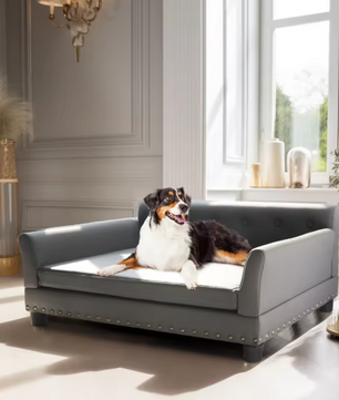 Luxe Hondenbank – Verhoogd Huisdierbed met Microfiber Leer & Houten Poten
