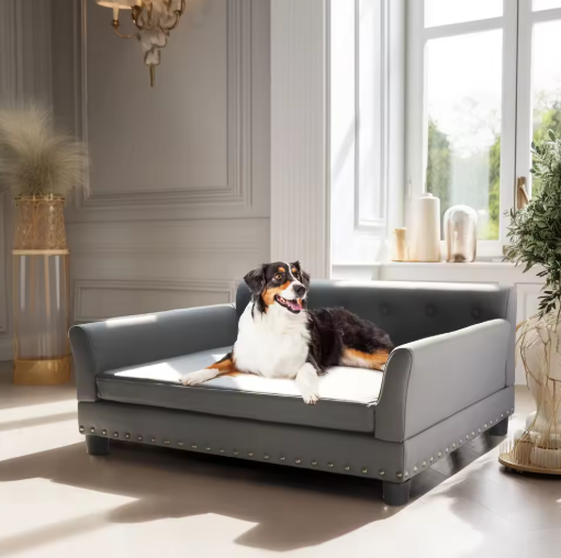 Luxe Hondenbank – Verhoogd Huisdierbed met Microfiber Leer & Houten Poten