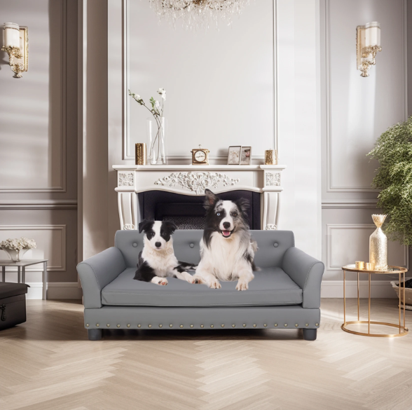 Luxe Hondenbank – Verhoogd Huisdierbed met Microfiber Leer & Houten Poten